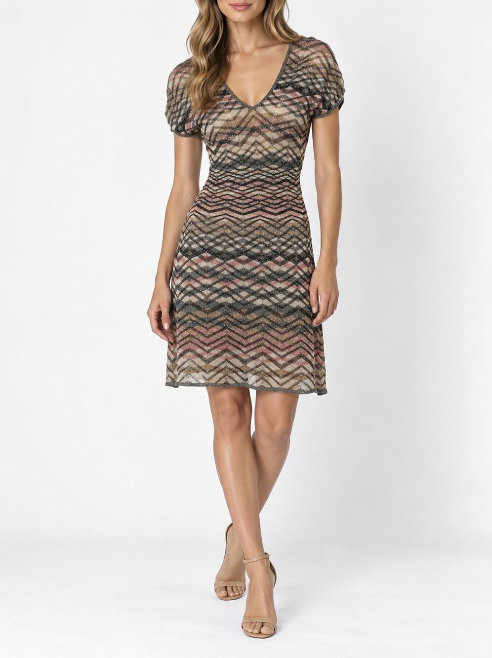 M Missoni Metallic Lurex Knit Zig Zag V Neck Mini Dress IT 38 US 2